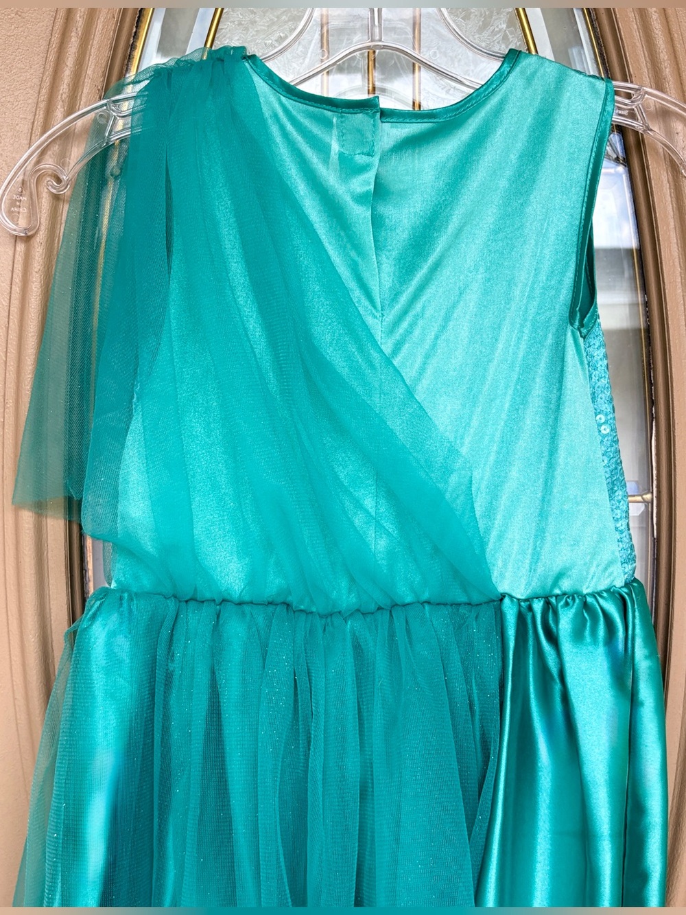 Girls Teal Blue Statue Of Liberty Dress Gown Size M Satin Tulle Sequins Costume - Picture 9 of 12
